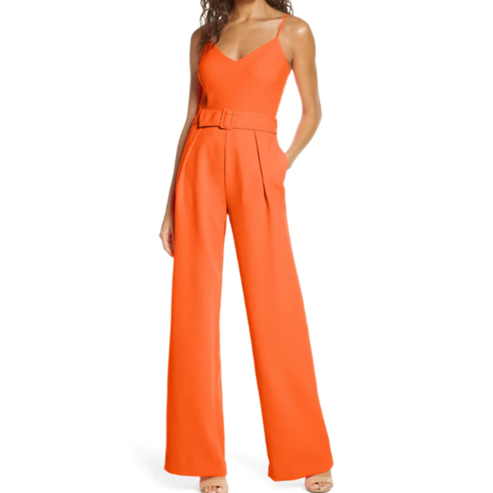 Black Halo Evie Crepe V Neck Wide Leg Jumpsuit Neon Orange Women's Size 6